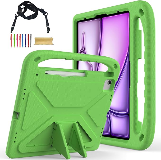 Cute Kids Case for iPad Air 13" M4 M3 M2 2026 2025 2024/ Pro 13 Inch M5 M4 Cover 2025 2024, iPad Pro 12.9 Case 2022/2021/2020/20218, Soft EVA Handle Cover with Shoulder Strap Stand, Green