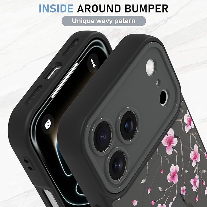 KANGHAR Compatible with iPhone 17 Pro Case, Magnetic Compatible with MagSafe, Cute Flower Floral Pattern Wristband Kickstand Full Camera Lens Shockproof Protective Case for Girls Women, Black