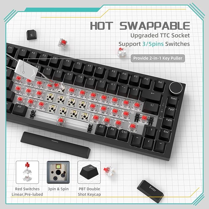 Attack Shark ajazz AK820 Mechanical Gaming Keyboard with Knob 75% Keyboard Hot Swappable Type-C Wired Gasket 5-Layer Noise Absorbing Foam White LED Backlit NKRO Linear Red Switch for PC/Win/Mac-Black