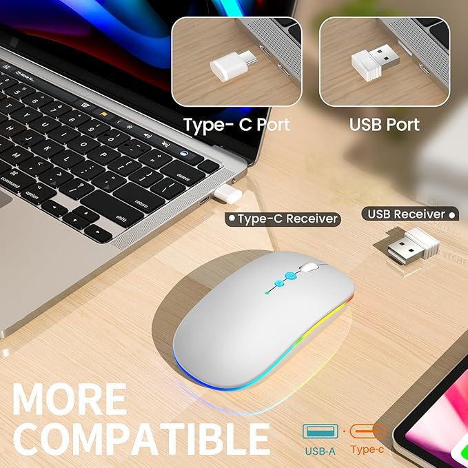 Halpilt LED Wireless Mouse A100S Rechargeable Portable Silent Mouse with Optional USB and Type-C Receiver 3-Speed Adjustable DPI for PC/Mac/Laptop (Frosted Silver)