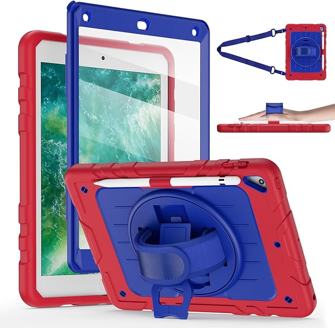 Case for iPad 6th/5th Generation 9.7'' with Screen Protector Pencil Holder [360 Rotating Hand Strap] &Stand, Drop-Proof Case for iPad 6th/5th/ Air 2/ Pro 9.7 (Red&Blue)