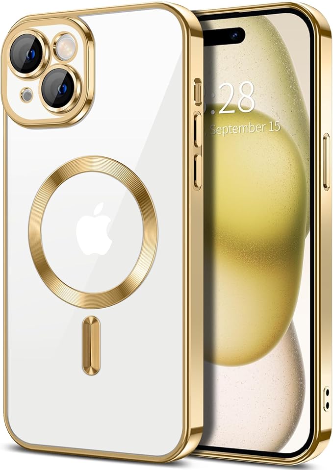 Hython Magnetic Clear for iPhone 15 Case with Camera Lens Protector [Compatible with MagSafe] Luxury Plating Edge Slim Soft TPU Cover Protective Phone Case for iPhone 15 6.1", Gold