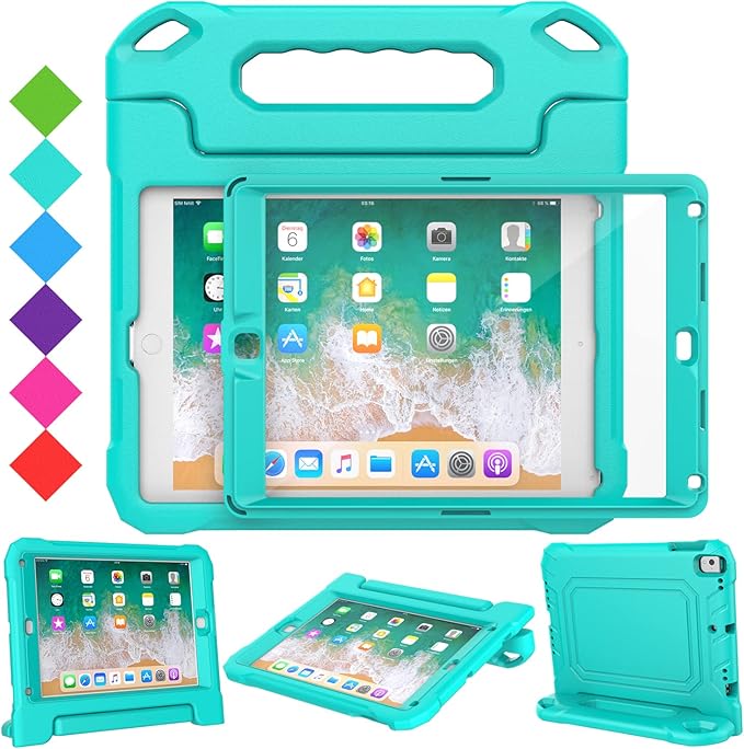 SUPLIK Kids Case for iPad 5th/6th Generation (9.7 inch, 2017/2018), iPad Air 1 & Air 2 & Pro 9.7 Case with Screen Protector, Durable Shockproof Protective Cover with Handle Stand, Cyan
