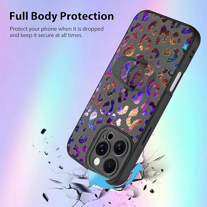 KANGHAR Compatible with iPhone 16 Pro Max Case, Support for MagSafe, Silicone Cute Iridescent Leopard Cheetah Pattern, Wristband Kickstand Shockproof Protective Slim Cover for Women Girls, Black