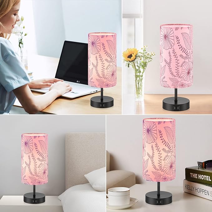 CINSARY Touch Control Bedside Lamp with 2 USB Ports, 3-Way Dimmable Table lamp for Bedroom, Nightstand Lamp with Round Pink Flower Fabric Shade for Living Room Home Office (E26 LED Bulb Included)