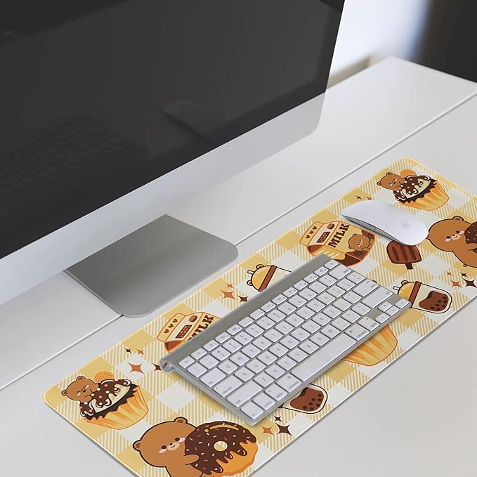 Kawaii Bear Gaming Mouse Pad for Desk, Extended Large Bear Chocolate Donut Mouse Pad, Orange Yellow Mousepad XL, Long Big Mouse Mat, Kawaii Bear Decor Stuff Accessories, 31.5 X 11.8 Inch