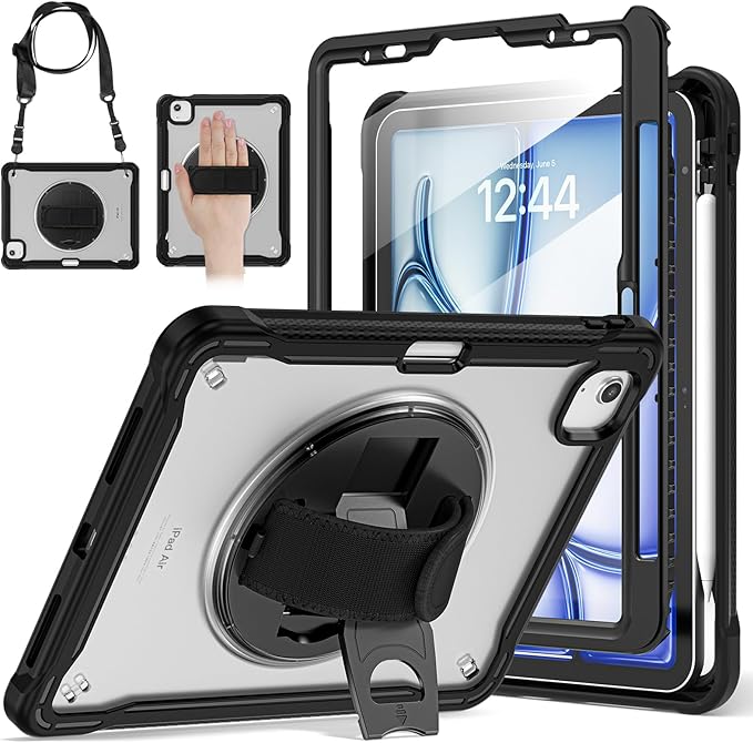 BRAECNstock Case for iPad Air 11-inch M4 2026/ M3 2025/ M2 2024 and Air 5th/4th Gen 10.9‘’ & Pro 11-inch 1st-4th 2018-2022 Kids Cover with Pencil Holder,Screen Protector,Handle Stand-Black