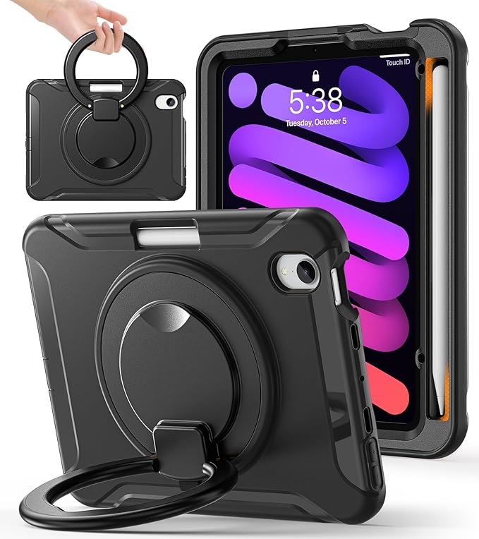BATYUE Shockproof Case for iPad mini 7 (A17 Pro)/ Mini 6 8.3 inch (2024/2021) - 360° Multi-Angle Stand (Portrait & Landscape) & Grip, Built-in Pencil Holder, Black