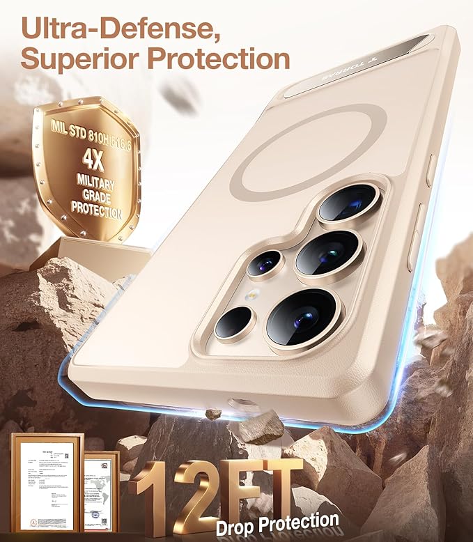 TORRAS Strong Magnetic & Seamless Stand for Samsung Galaxy S25 Ultra Case, Fit for MagSafe, Mil-Grade Drop Protection, Kickstand for Samsung Galaxy S25 Ultra Case, Translucent Back/Gold Edge
