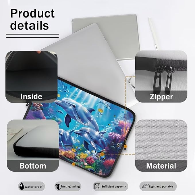 Dolphin Laptop Sleeve for Women Men 13 inch Laptop Accessories with Versatile Uses Lap Top Case Portable Computer Sleeve Laptop Pouch Ideal Gifts for Holidays Blue