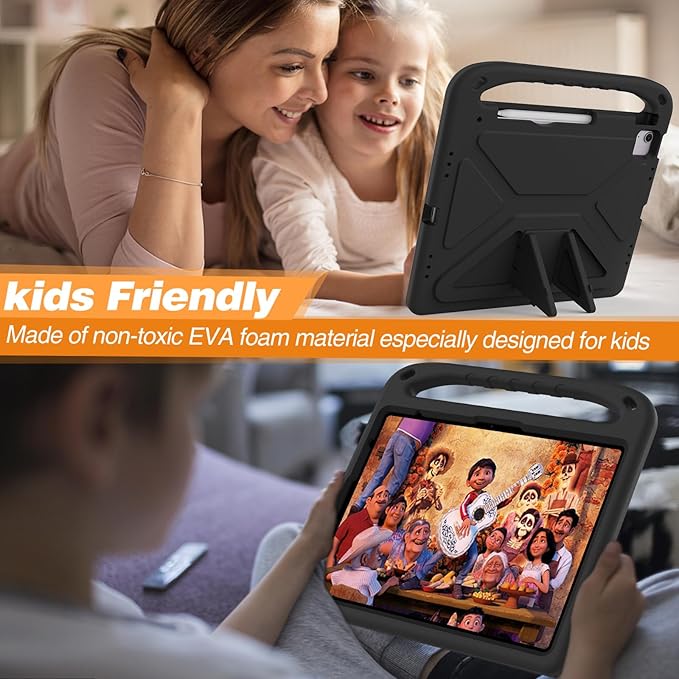 Kids Case for Apple iPad Air 13 inch Tablet M4/M3/M2 (2026/2025/2024) with Pencil Holder, Anti-Slip Handle Slim Lightweight Stand Shockproof Soft EVA Protective Silicone Bumper Cover, Black