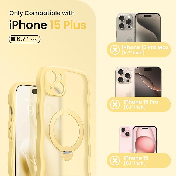 CAPRARO for iPhone 15 Plus Case with 360° Spin Magnetic Stand for Women, [Compatible with MagSafe] [Full Camera Protection] Cute Wave Translucent Matte Case for iPhone 15 Plus, Jasmine Yellow