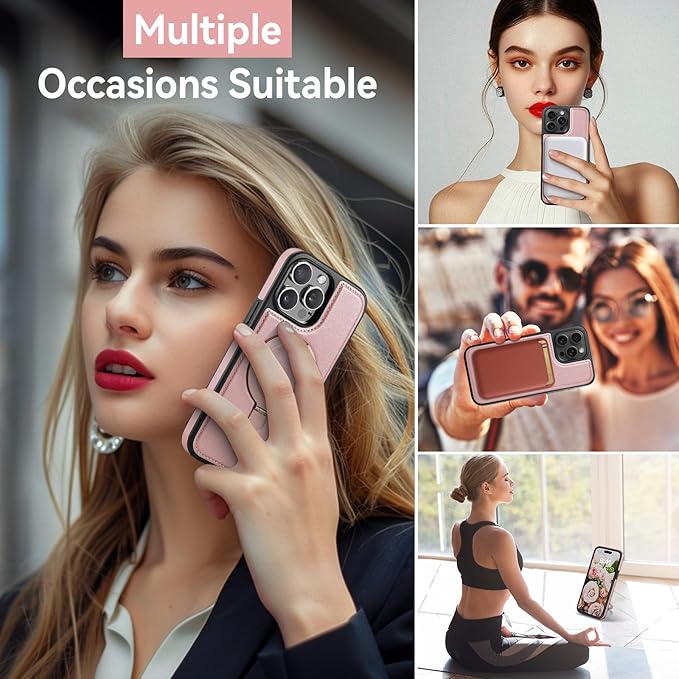 Compatible with iPhone 14 Pro Case with Stand, Compatible with MagSafe, Slim PU Leather & Durable TPU Protective Cover Drop-Proof with Tempered Glass Screen Protector 6.1", Rose Gold
