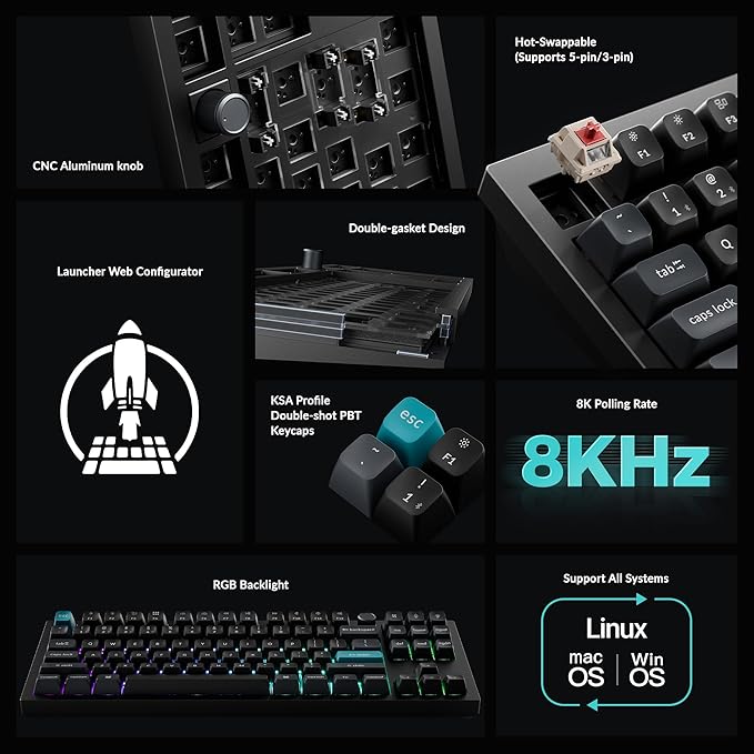 Keychron Q3 Ultra Wireless Mechanical Keyboard 8KHz Polling Rate, TKL 2.4G/Bluetooth 5.3/Wired Up to 660 Hours Long Battery Life, Hot-Swappable Aluminum RGB Gaming ZMK for Mac/Windows/Linux-Black