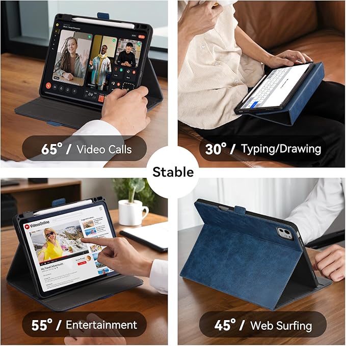 Handmade Case for iPad Pro 11 Inch (M5/M4) 2025/2024 with Pencil Holder Pocket,Magnetic Closure,Auto Sleep/Wake,Vegan Leather Folio Protective Cover,Multi Angles Stand,Dark Blue
