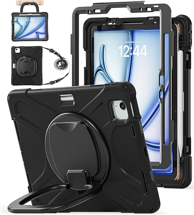 BATYUE Case for iPad Air 11-inch M4 (2026)/ M3 (2025)/ M2 (2024), iPad Air 5th/4th 10.9 inch(2022/2020), iPad Pro 11" 4th/3rd/2nd/1st Cover with Rotating Stand, Pencil Holder, Carrying Strap, Black