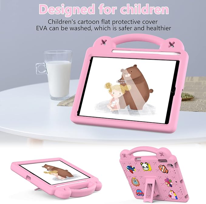 Dteck Kids Case for iPad 9.7 Inch 6th/5th Gen 2018/2017 & iPad Air 2/1 & iPad Pro 9.7 2016,Cartoon Panda Shockproof Rugged Lightweight Pencil Holder Convertible Handles Stand Kids Friendly Case,Pink