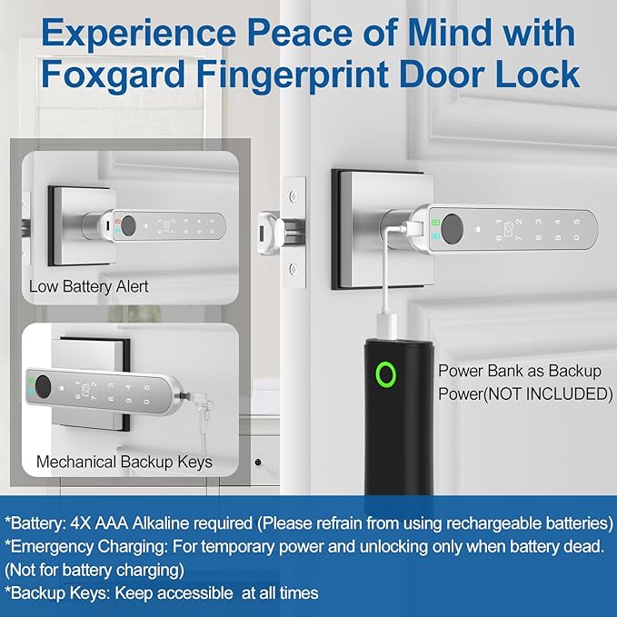 Foxgard Smart Fingerprint Door Lock:Fingerprint Door Knob-Biometric 5-in-1 Finger Print Door Lock-Smart Door Knob for Bedroom-APP Control-Easy Installation–Square Silver–1 Pack