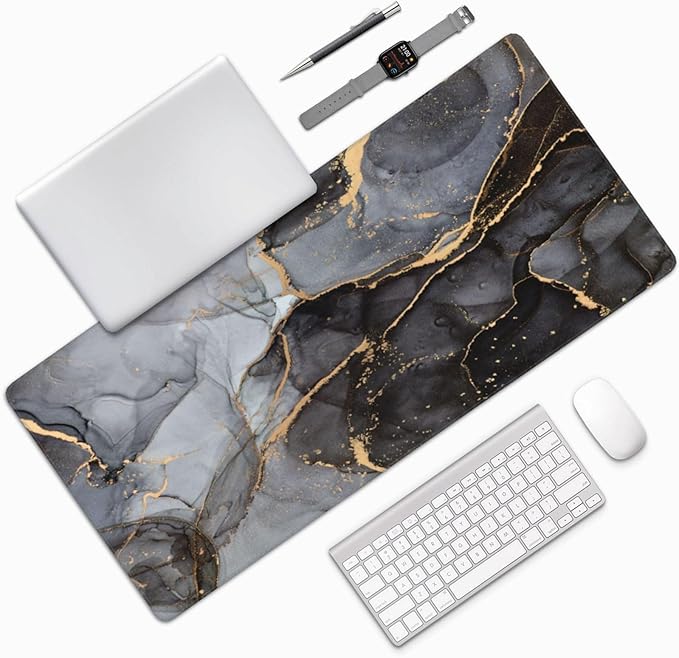 Marble Mouse Pads XXL Extended Mousepad with Stitched Edges Grey and Black Marbling Non-Slip Rubber Base Computer Keyboard Pad Desk Mat for Home Office Desk Decor, 35.4" X 15.7"