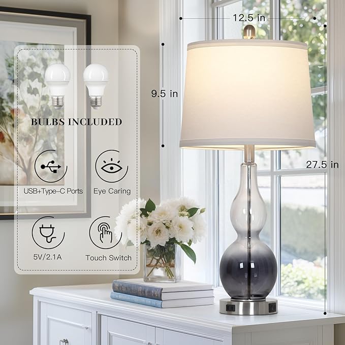 Rinweey 27.5" Gradual Gray Clear Glass Table Lamp Set of 2,3-Way Dimmable Touch Control Bedside Lamps with USB Ports and AC Outlet, Modern Nightstand Lamps for Bedroom Living Room