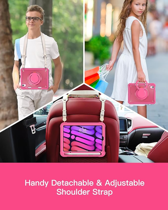 BRAECN for iPad (a17 pro) Mini 7/Mini 6 Case 2024/2021 8.3 inch with Pencil Holder Protective Clear Ring Handle 360 Rotating Stand Shockproof Dropproof Rugged Carrying Shoulder Strap Kids Friendly