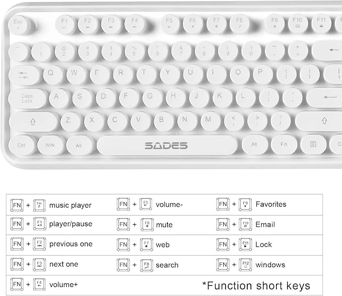 White Retro Typewriter Keyboard and Mouse Wireless Combo, Cute Wireless Keyboard with Retro Round Keycaps,2.4Ghz Full Szie Creamy Clicky & Satisfying Typing Keyboard&3 DPI Mouse for PC Laptop Desktop