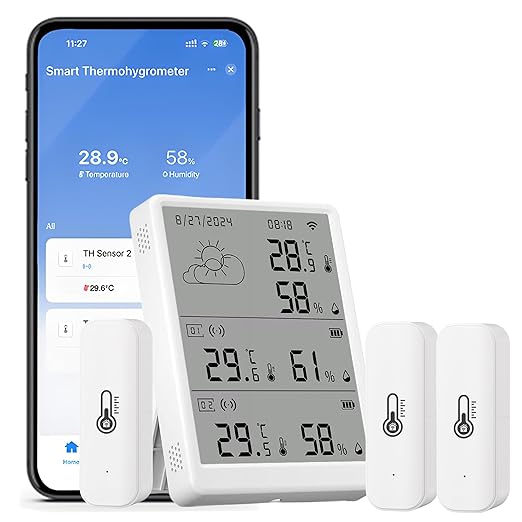 SENCKIT WiFi Hygrometer Thermometer, Digital Indoor Temperature Humidity Monitor with 1 Base Station + 3 Sensors, Smart Remote Monitor with App Alerts, Data Storage & Export, Compatible with Alexa