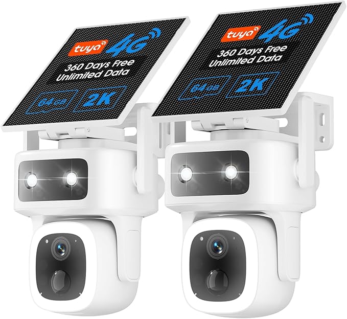 SANSCO 2 Pack 4G LTE Cellular Security Camera Wireless Outdoor, 360 Days Free Unlimited Data, Built-in SIM Card 64GB, 360° PTZ, No WiFi Solar Powered, 2K Color Night Vision, 2 Way Audio, AI Detection
