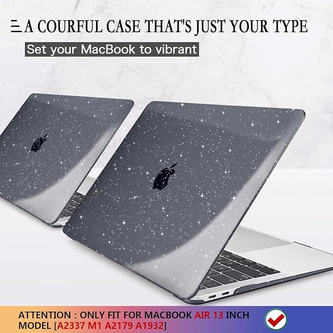 CISSOOK Sparkly Black Star Case for MacBook Air 13 Inch A2337 M1 A2179 A1932 2021-2018 Release, Plastic Glitter Bling Hard Shell Case with Keyboard Cover for MacBook Air M1 2021 with Touch ID