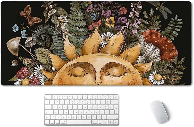 SSOIU Vintage Sun with Woodland Treasures, Amanita Mushroom, Fern, Forest Plants Sun Forest Woodland Nature Mushroom Wild Foraging Green Witch Desk Mat, Extended Mouse Pad, XXL Gaming Desk 35.5"x15.7"