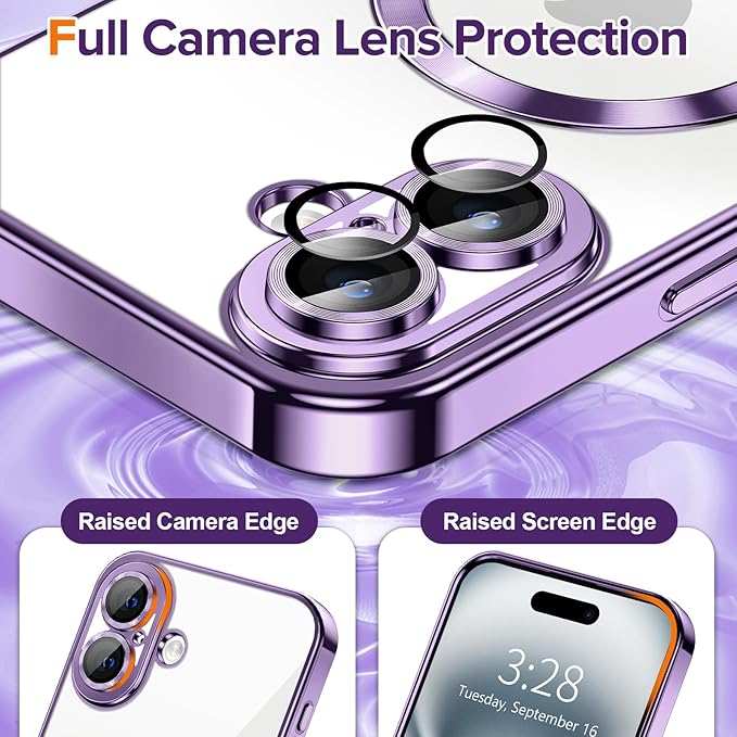 Hython Magnetic Clear for iPhone 16 Case with Camera Lens Protector [Compatible with MagSafe] Luxury Plating Edge Slim Soft TPU Cover Protective Phone Case for iPhone 16 6.1", Deep Purple