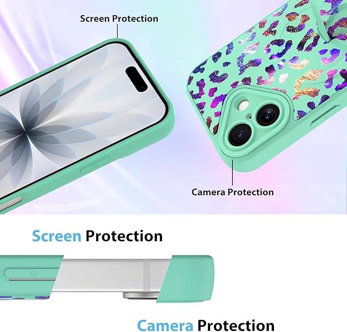 KANGHAR Compatible with iPhone 17 Case, Support for MagSafe, Silicone Cute Iridescent Leopard Cheetah Pattern, Wristband Kickstand Shockproof Protective Slim Cover for Women Girls, Green