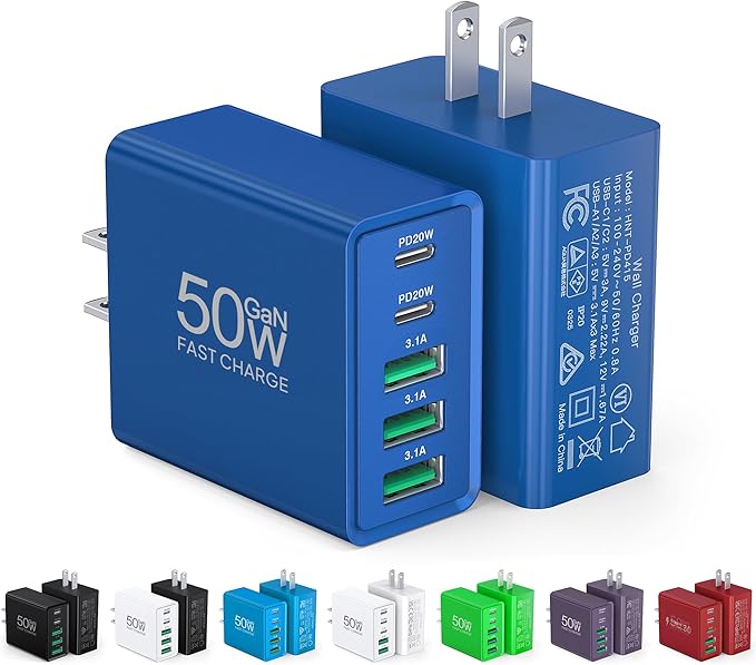 USB C Wall Charger, 50W USB C Charger Block 2-Pack 5-Port PD Fast Charging Blocks,Multiport 2USB C+3USB A Plug,Type C Power Adapter Brick Cube for iPhone 17/16/15/14/13,Samsung,for Switch（Dark Blue）