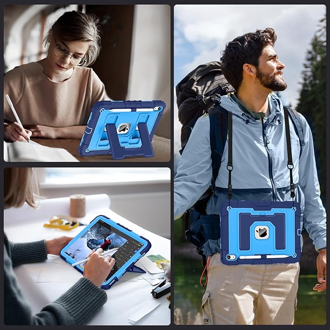 for 2025 iPad (A16) 11th /10th Generation 2022 10th Gen iPad Case with Pencil Holder Shoulder Strap,Military Grade Shockproof for i Pad Covers 11.0/10.9 Inch,Navy Blue