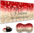 Ergonomic Red Glitter Quote Bible Extended Mouse Pad 31.5" x 11.8" Set, with Wrist Rest & Lace Coasters, Pain Relief Design, Non-Slip Desk Mat for Home & Gaming