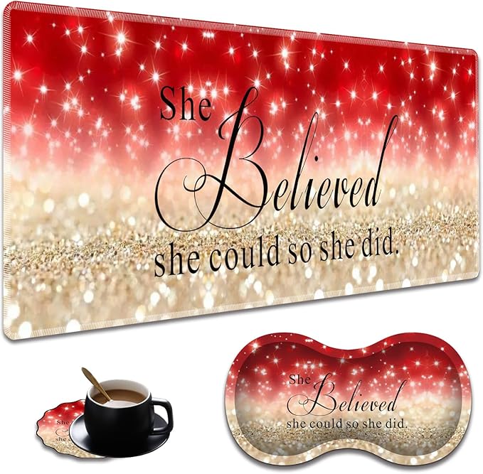 Ergonomic Red Glitter Quote Bible Extended Mouse Pad 31.5" x 11.8" Set, with Wrist Rest & Lace Coasters, Pain Relief Design, Non-Slip Desk Mat for Home & Gaming