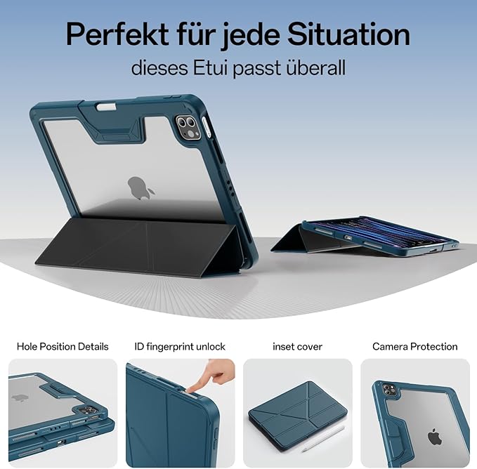 Case for iPad Pro 11 inch (4th/3rd/2nd Generation) 2022/2021/2020 with Clear Back, Multi-Angle Stand, Soft Silicone & Shockproof Tablet Protective Case (Blue)