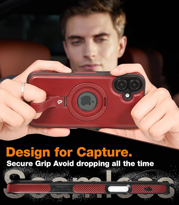 Butaiga for iPhone 16 Leather Case with Stand, Anti-Slip Grip Ring, Fits for MagSafe (Burgundy, iPhone 16)