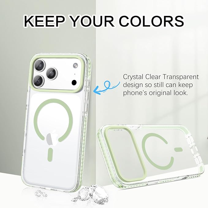 BENTOBEN Magnetic for iPhone 17 Pro Max Case 6.9", Compatible with Magsafe Shockproof Protective Bumper Cute Transparent Slim Anti-Yellowing Phone Case for iPhone 17 ProMax Cover, Clear Light Green