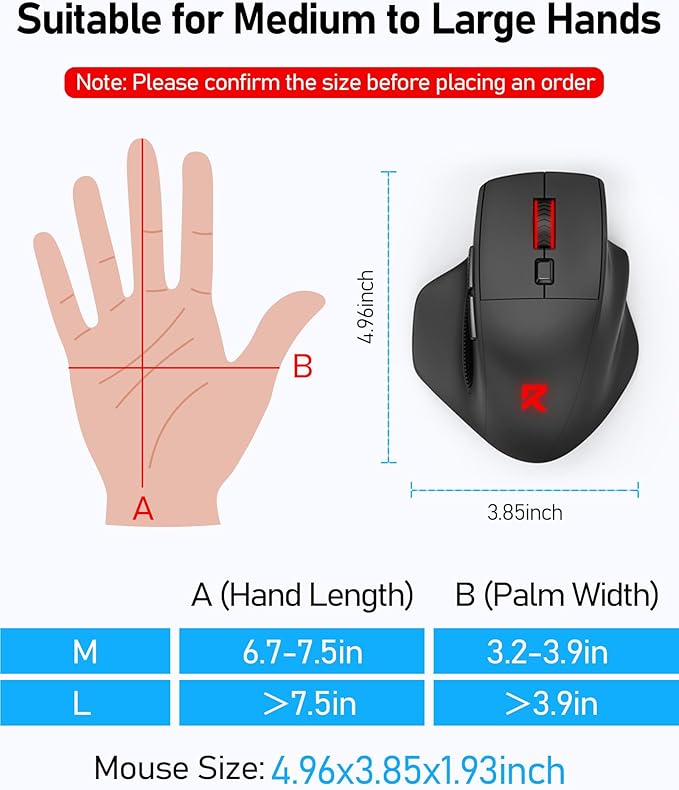 Redragon Large Wireless Gaming Mouse for Big Hands, Tri-Modes 2.4G/Bluetooth/Wired Rechargeable Ergo RGB Mouse with 2 Side Buttons, 6 Backlit Modes, Programmable Macro Gamer Mouse