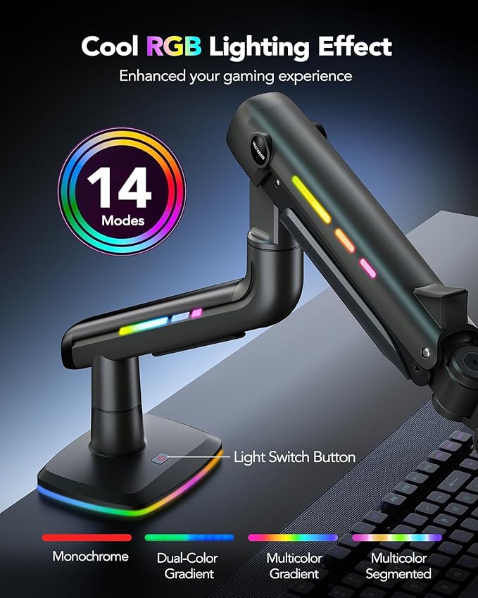 HUANUO TitanLift Monitor Arm for Ultrawide Screens up to 49″, Heavy-Duty Single Mount Holds 44 lbs, Fully Adjustable Gaming Monitor Arm with C-Clamp & Grommet Base, Max VESA 100 x 100mm, RGB