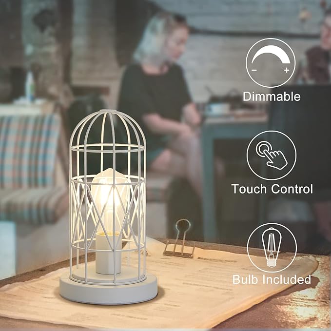 Seaside village Bedside Touch Lamp, Small Table Lamp for Bedroom Living Room, 3 Way Dimmable Modern Nightstand Lamp, Simple Desk Lamp with White Metal Cage Shade, 2700K LED Bulb Included