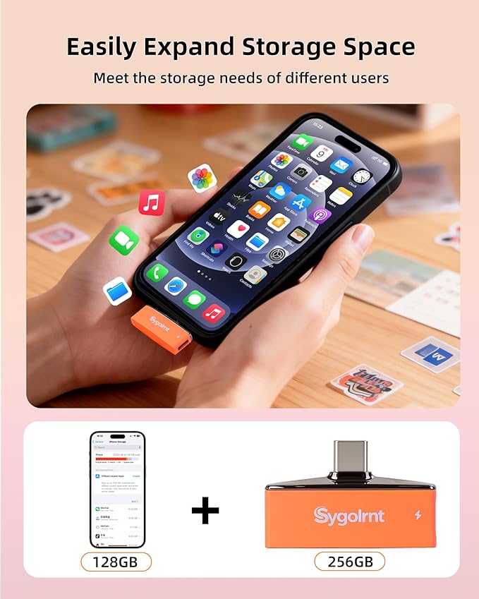 USB C Flash Drive for iPhone Photo Stick 256GB Thumb Drive with Type-C Charging Port, USB Memory Stick for Photos Videos, High Speed Jump Drive External Storage for iPad/Android Phones/PC (Orange)