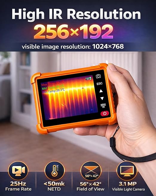 Compact Thermal Imaging Camera 256x192 IR Resolution, WapoRich Mini Thermal Imager with Visual Camera, -4°F to 1022°F, 25Hz – RQ-953A Infrared Cameras for HVAC, Home Inspection, Water/Air Leak