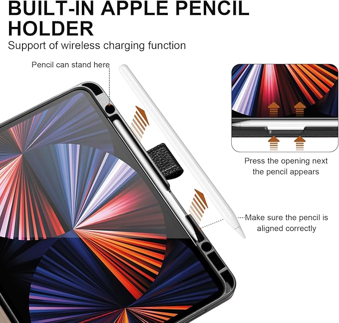 Genuine Leather Case for iPad Pro 12.9 inch 6th/5th/4th/3rd Generation 2022/2021/2020/2018 | with Pencil Holder and Adjustable Stand, Magnetic Closure, Auto Wake/Sleep Cover | Black