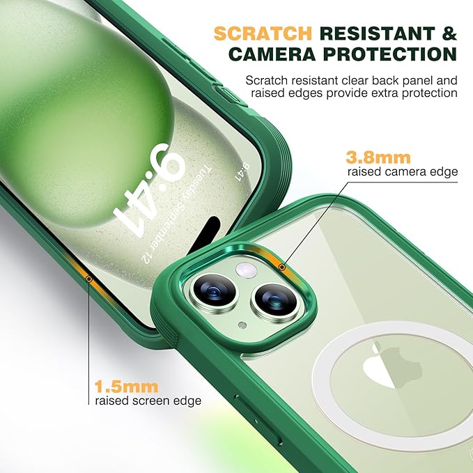 Diaclara Designed for iPhone 15 Plus Case 6.7'', [Compatible with MagSafe] Full Body Rugged Magnetic Case w/Built-in Screen Protector+Glass Camera Lens Protector,Mint Green
