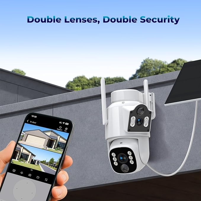 Camcamp Solar Security Cameras Wireless Outdoor,Dual-Lens Solar Camera System for Home Security, 4 Cameras (8 Screen), 10CH NVR with 500GB HDD, 360°PTZ, No Monthly Fee, Color Night Vision