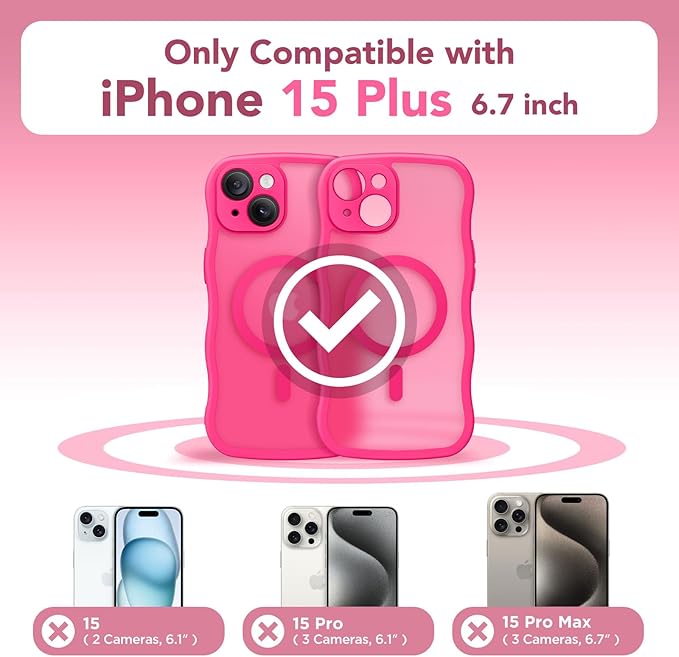 CAPRARO Cute for iPhone 15 Plus Case, Compatible with MagSafe, [Curly Wave Edge] [Full Camera Protection] [14 FT Drop Protection] Magnetic Phone Case for 15 Plus 6.7 Inch, Hot Pink