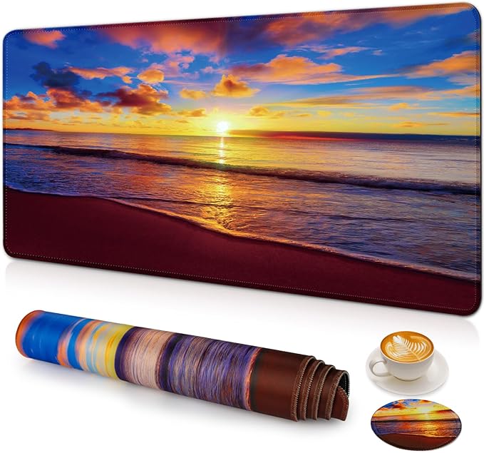 Large Gaming Mouse Pad with Coaster, Desk Matt for Desktop, Desk Pad, Mouse Pads Mat, Stitched Edges Big Extended Mousepad for Computer Keyboard Laptop Office Decor, 31.5'' x15.6''-Sunset Beach