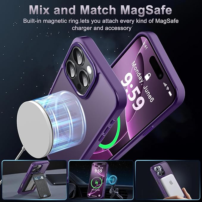 Newfuture Designed for iPhone 16 Pro Max Case with Magnetic [13 FT Military Drop Protection] [Compatible with Magsafe] Slim Translucent Matte Shockproof with Anti-Fingerprint Phone Case, Deep Purple